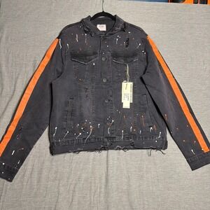 KDNK Mens Black Paint Splatter Distressed Denim Jacket Orange Stripe Large NWT